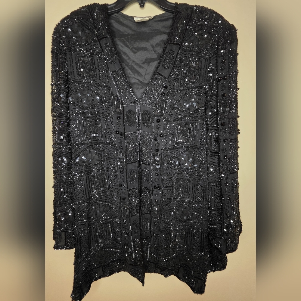 Carina 100% Pure Silk Sequin Women's Black Lined Hook Eye Closure Blazer